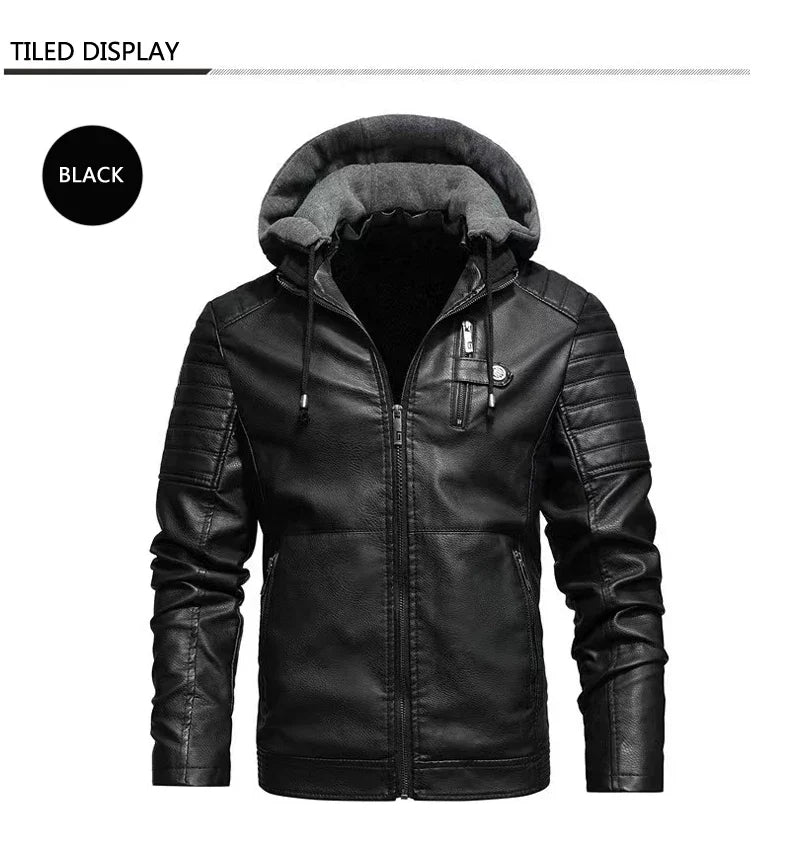 Fashion Men’s Hooded Faux Leather Jacket – Military Style Motorcycle Outwear with Zipper Pockets, Autumn Winter Coat