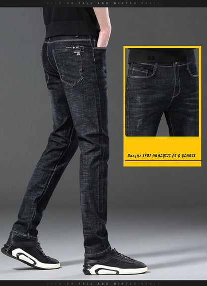 Men’s Casual Comfortable Jeans – Straight Loose Fit High Waist Elastic Trousers for All Seasons & Office Wear