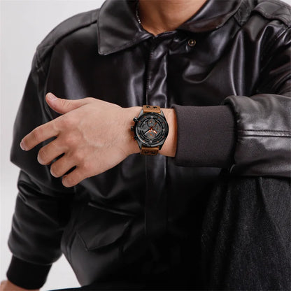 NAVIFORCE Men's Casual Watch – Luxury Waterproof Chronograph Quartz Wristwatch with Genuine Leather Strap