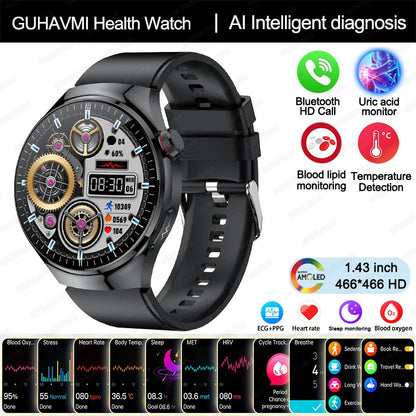 2025 Nursing-Grade Smartwatch — Blood Oxygen, Lipid, Uric Acid, ECG+PPG, Body Temperature & Bluetooth Call Health Tracker