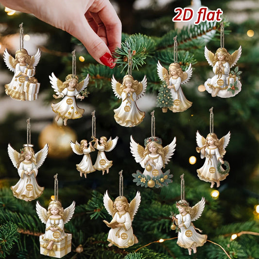 12PCS Vintage Wooden Angel Pendants – White Christmas Tree Decorations, Merry Christmas & New Year Gift Supplies
