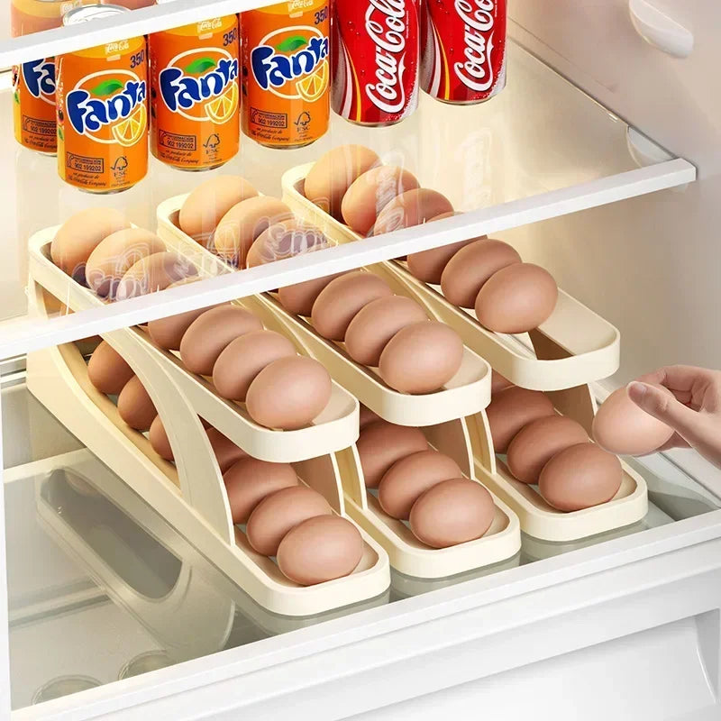 Automatic Scrolling Egg Rack Holder - Refrigerator Egg Dispenser and Organizer Box for Kitchen Storage