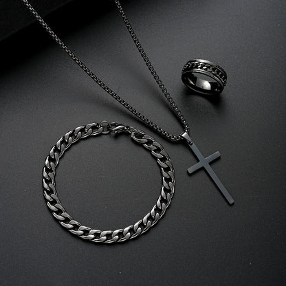 3-Piece Stainless Steel Jewelry Set – Men’s & Women’s Retro Bracelet, Necklace, Ring for Punk Hip Hop Fashion