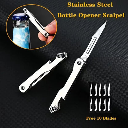 Stainless Steel Folding Utility Knife | Interchangeable Blade, Beer Opener and Self-Defense Tool | Camping and Outdoor Express Box Cutter