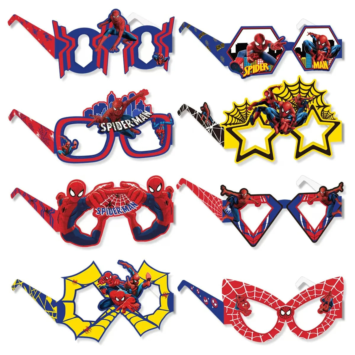 Spider-Man Paper Glasses - 8-Piece Eco-Friendly Superhero Cosplay Photo Props for Kids Parties and Birthdays