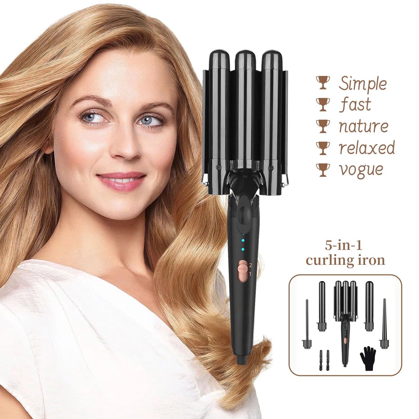 5 in 1 Hair Curler Wand Set with Curling Brush – 0.35” to 1.25” Curling Iron, Heat Resistant Glove & Hair Clips