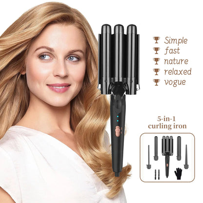 5 in 1 Hair Curler Wand Set with Curling Brush – 0.35” to 1.25” Curling Iron, Heat Resistant Glove & Hair Clips