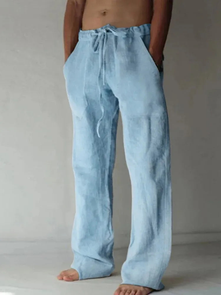 Men’s Cotton Linen Casual Pants – Breathable Summer Trousers with Elastic Waist, Solid Color Harajuku Style