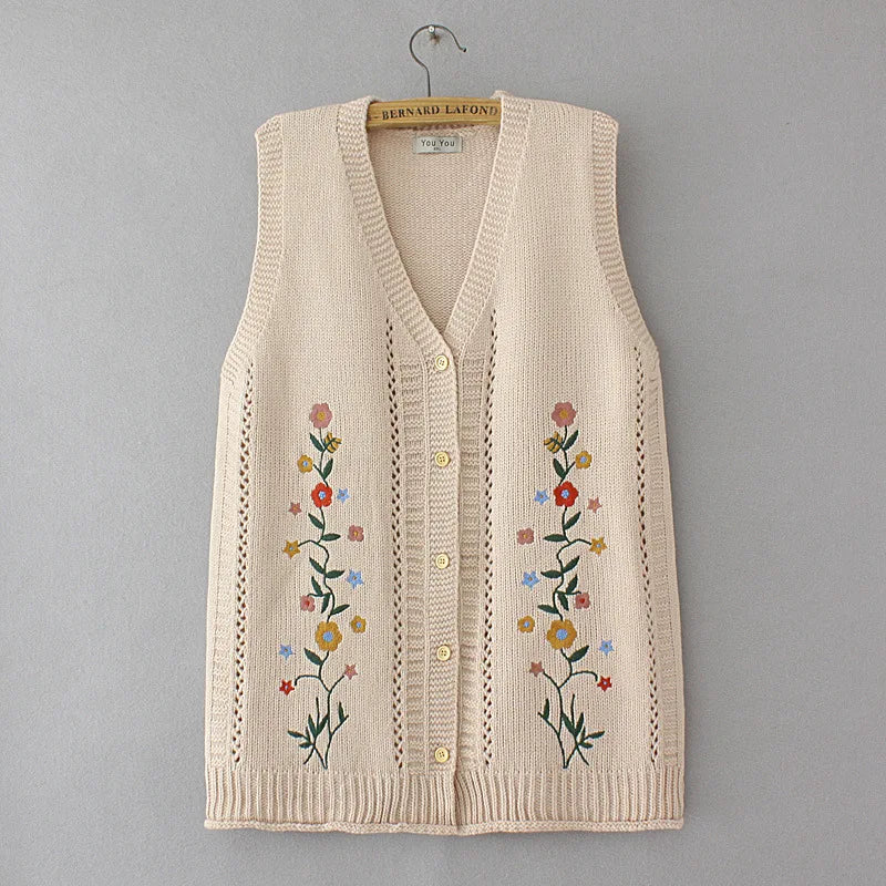 Plus Size Women's Embroidered Hollow Knit Sweater Vest – V-Neck Cardigan, Casual Autumn Fashion, E2 3023