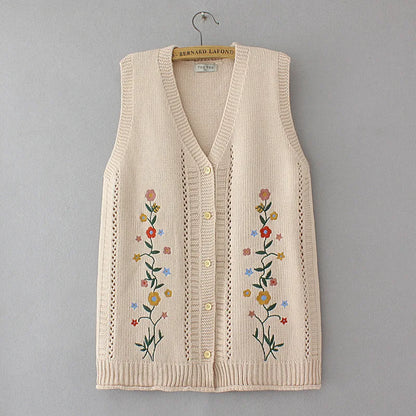 Plus Size Women's Embroidered Hollow Knit Sweater Vest – V-Neck Cardigan, Casual Autumn Fashion, E2 3023