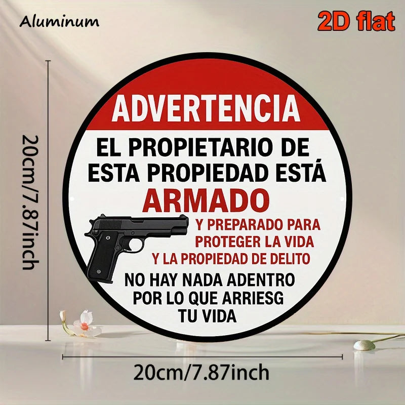 Armed Homeowner Warning Sign - Vintage Round Aluminum Security Plaque in English & Spanish