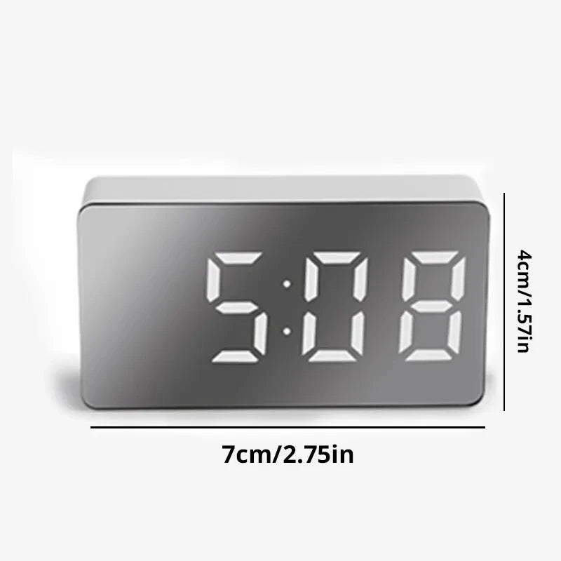 White LED Mirror Alarm Clock – USB Desktop Clock with Time Display, Snooze & Night Light for Home Decor