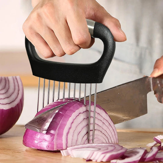Stainless Steel Vegetable & Onion Cutter Holder – Multi-Function Fruit & Potato Slicer Kitchen Tool