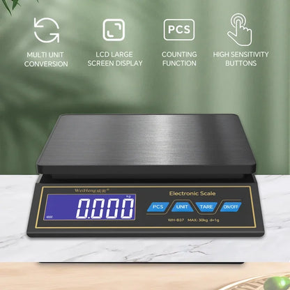 LCD Digital Kitchen Scale 30kg/1g – Rechargeable Stainless Steel Precision Electronic Weighing Scale for Food, Baking & Jewelry