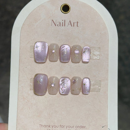 10 Pcs Handmade Short Square Press-On Nails – Full Cover Flower & Cat Eye Ballet False Nails Manicure Tips