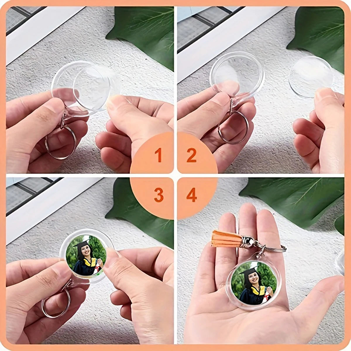 Transparent Photo Frame Keychain - Acrylic Snap-In Custom Picture Pendant with Tassel, 10-Piece Set