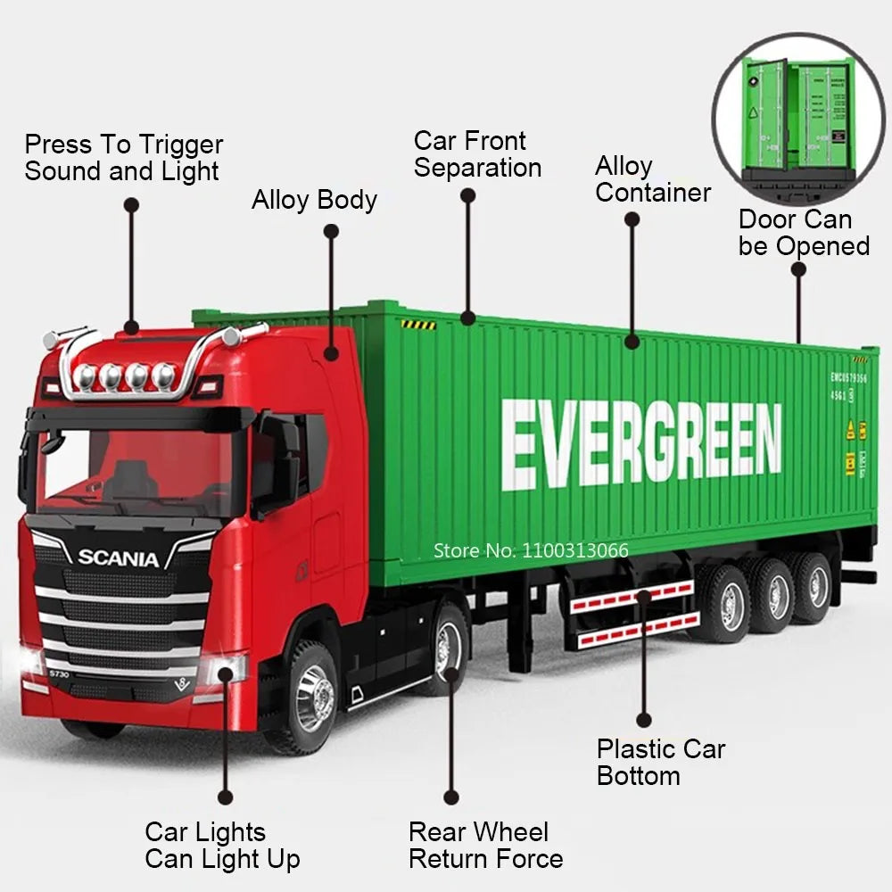 1:50 Diecast Transport Truck Model — Alloy Container Trailer with Doors, Light & Sound, Miniature Toy Gift for Kids