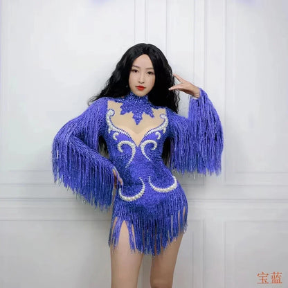 Purple Rhinestone Mesh Tassel Jumpsuit - Sheer Nightclub & Stage Performance Outfit