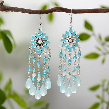 Bohemian Acrylic Water Drop Earrings - Crystal Bead Long Dangle Vacation Jewelry for Women