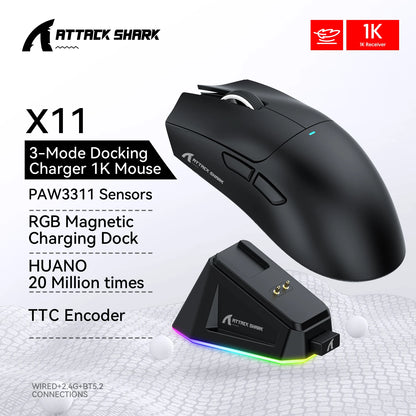 Attack Shark X11 Tri-Mode Wireless Gaming Mouse – 2.4GHz/Wired/Bluetooth PAW3311 22000DPI RGB PC Mouse 400IPS