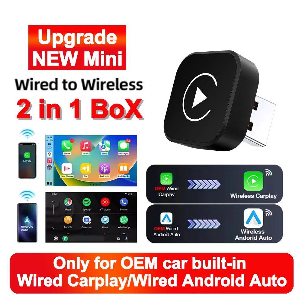 2-in-1 Wireless CarPlay & Android Auto Mini Box — AI Plug & Play Automatic Connection for 99% of Car Radios