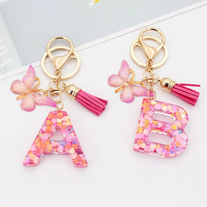 A-Z Letter Acrylic Keychain - Pink Butterfly Tassel Bag Charm & Key Ring