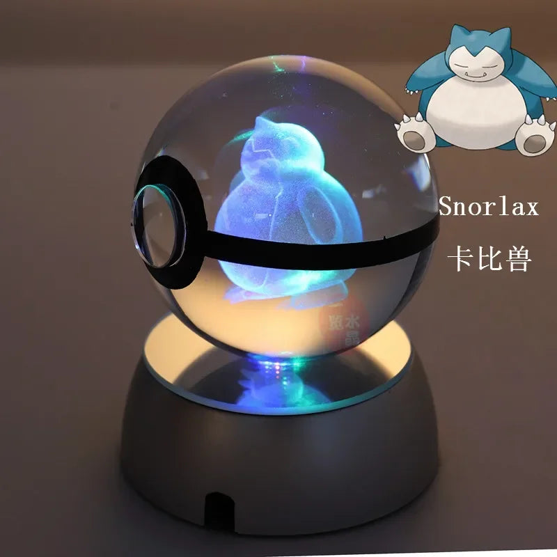 Anime Pokemon 3D Crystal Ball – Snorlax & Charizard Engraved Pokeball Figure with LED Light Base, Kids Gift