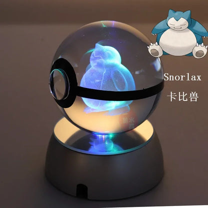 Anime Pokemon 3D Crystal Ball – Snorlax & Charizard Engraved Pokeball Figure with LED Light Base, Kids Gift