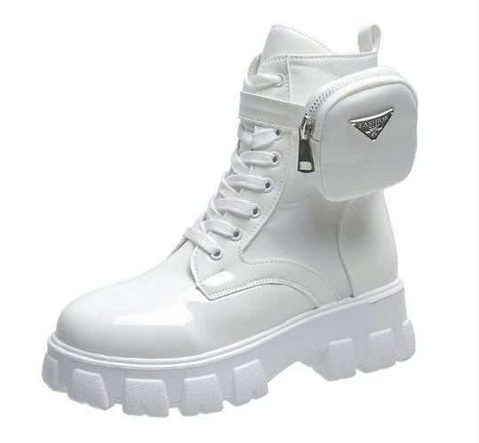 Women's Leather Oxford Motorcycle Boots – Lace-Up Platform Wedge Shoes in White, Black, and Rinse