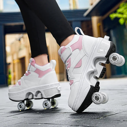 Women's High-Top 4-Wheel Roller Shoes – Fashionable Unisex Pop-Up Sneakers with Wheels, Dual-Purpose Skating & Casual Shoes