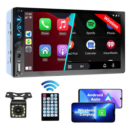 7" Wireless 2DIN Car Radio Stereo – HD Touchscreen CarPlay Android Auto Video Player with Bluetooth, FM & Rear View Camera