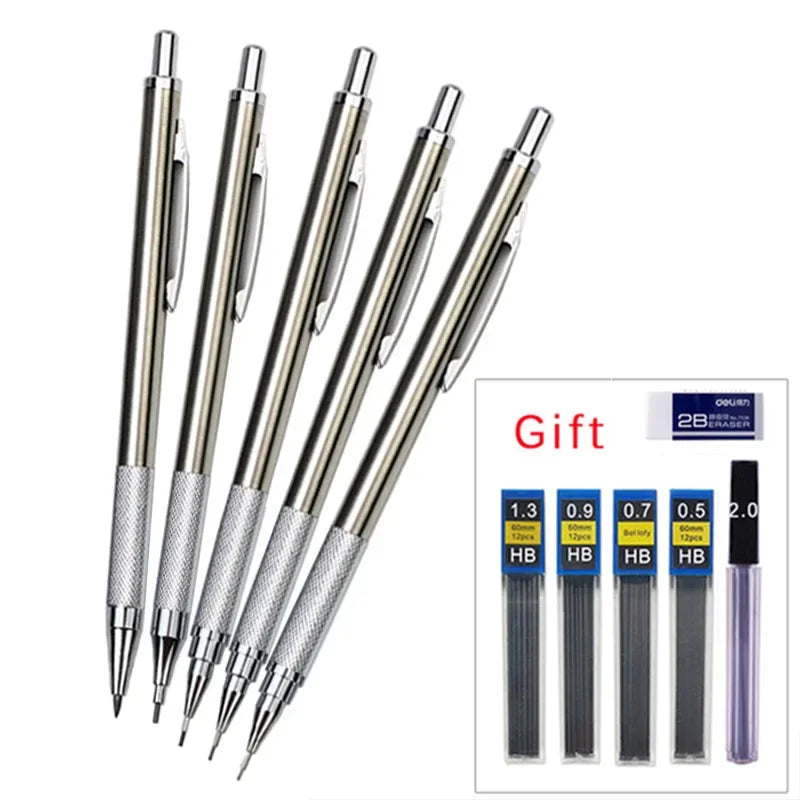 Full Metal Mechanical Pencil Set — 0.3–2.0mm Automatic Pencils for Art, Drawing & School