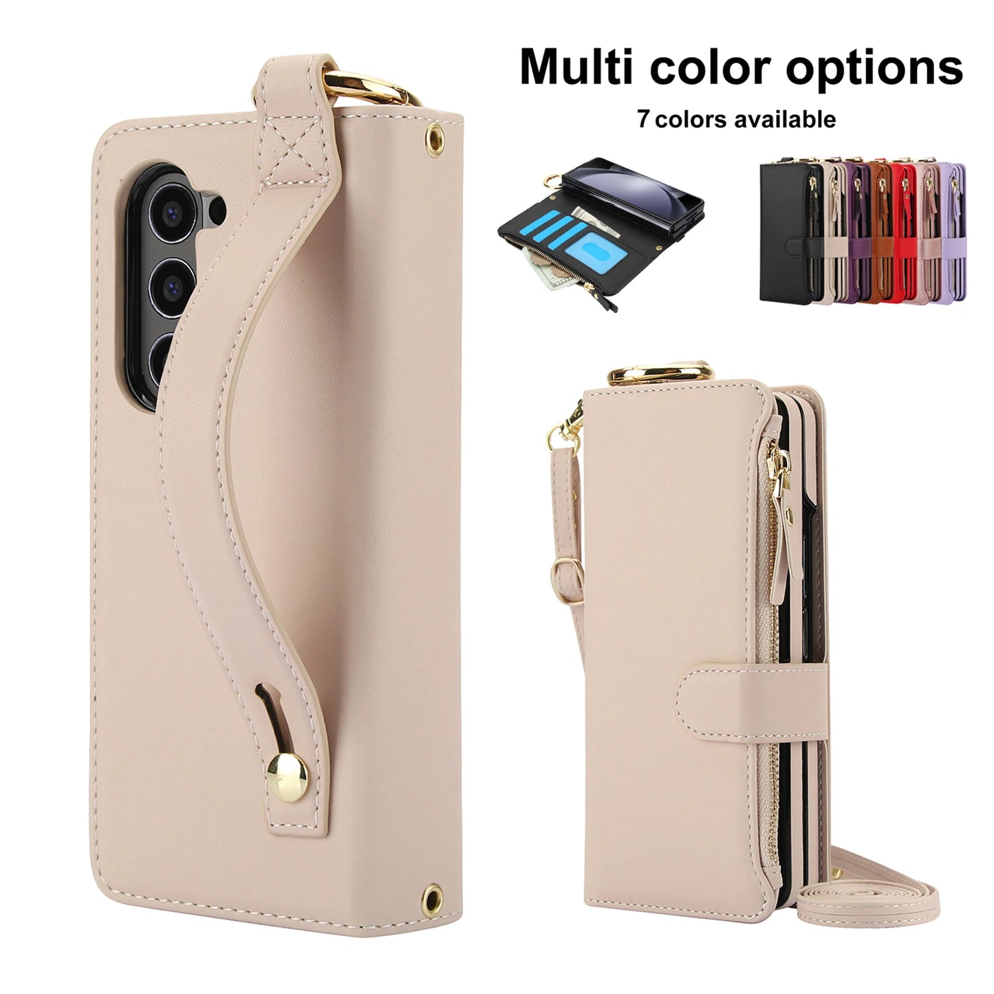 Crossbody Leather Wallet Case with Card Slots, Zipper & Kickstand for Samsung Galaxy Z Fold 3/4/5/6 – Wristband & Ring Holder