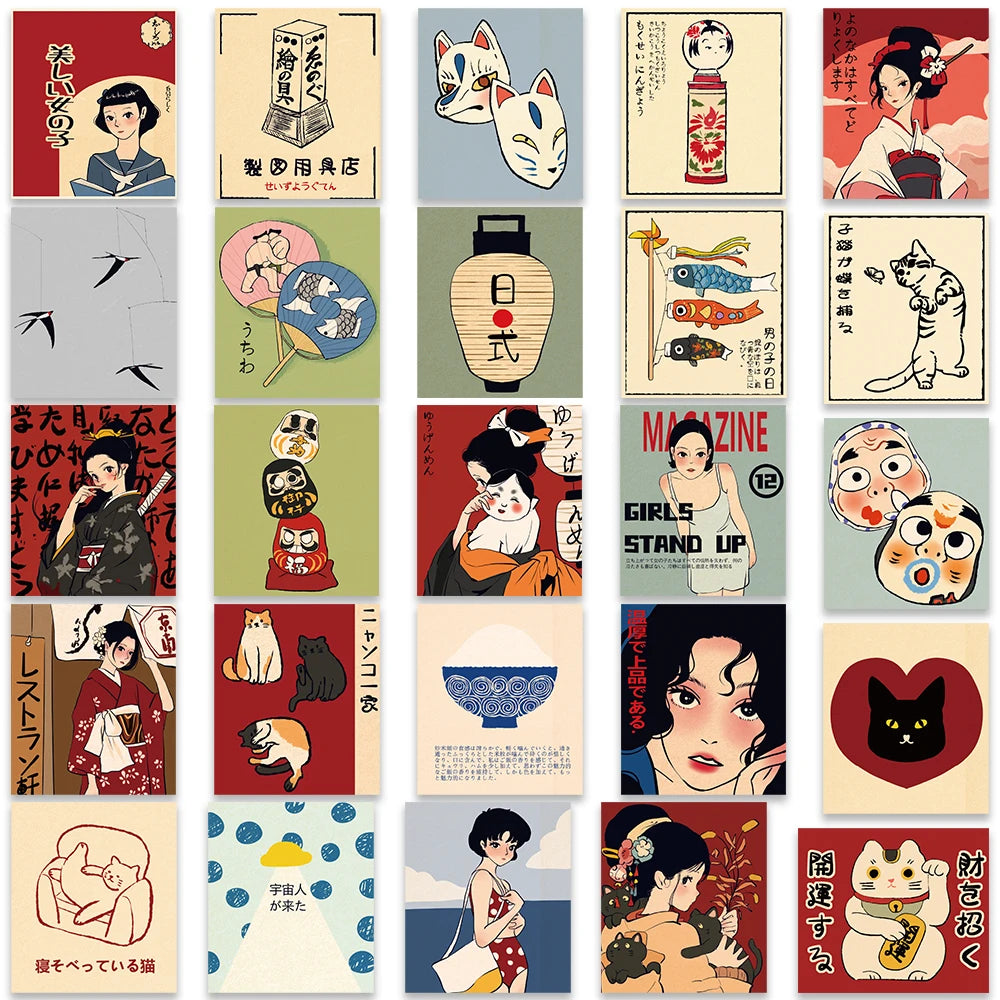 50pcs Retro Japanese Cartoon Stickers – Waterproof Aesthetic Graffiti Decals for Laptop, Luggage, Guitar & Skateboard
