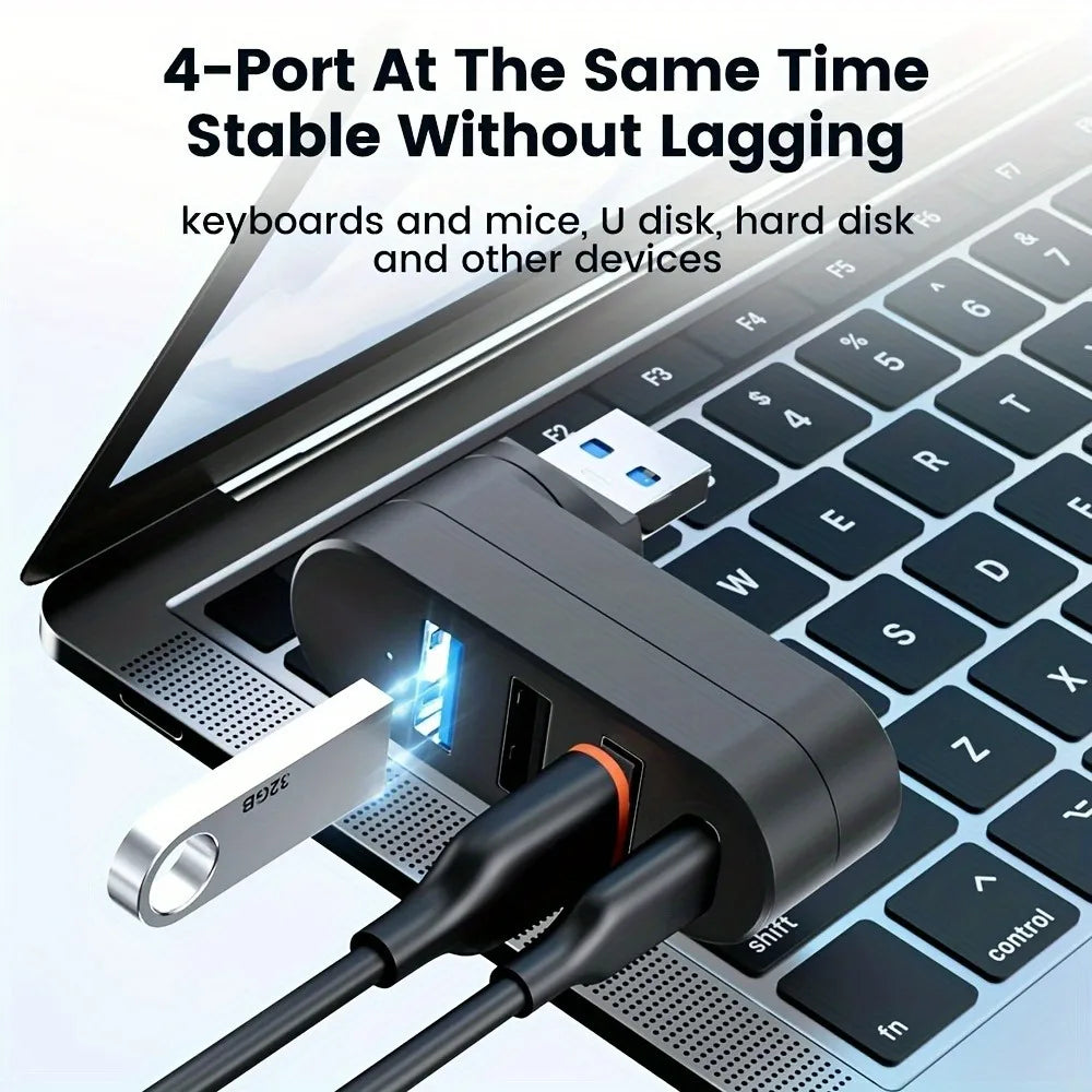 4-Port USB 3.0 Hub - Rotatable Multi-Port USB Data Transfer Expander for Laptop, MacBook & PC