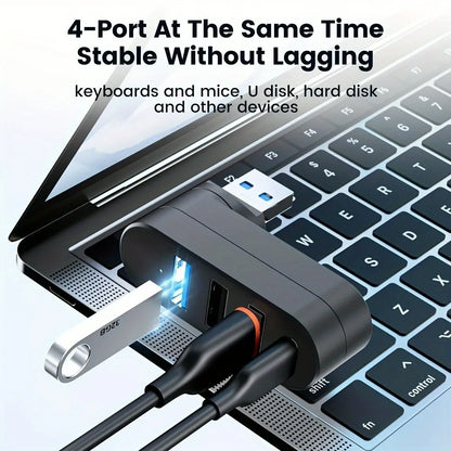 4-Port USB 3.0 Hub - Rotatable Multi-Port USB Data Transfer Expander for Laptop, MacBook & PC