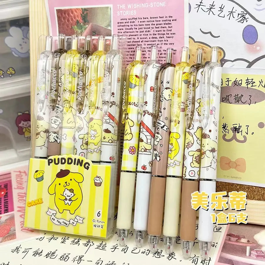 6PCS Cartoon Kuromi Gel Pens – Kawaii Hello Kitty, Cinnamoroll & Melody 0.5mm Quick-Drying School Stationery for Students