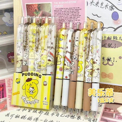 6PCS Cartoon Kuromi Gel Pens – Kawaii Hello Kitty, Cinnamoroll & Melody 0.5mm Quick-Drying School Stationery for Students
