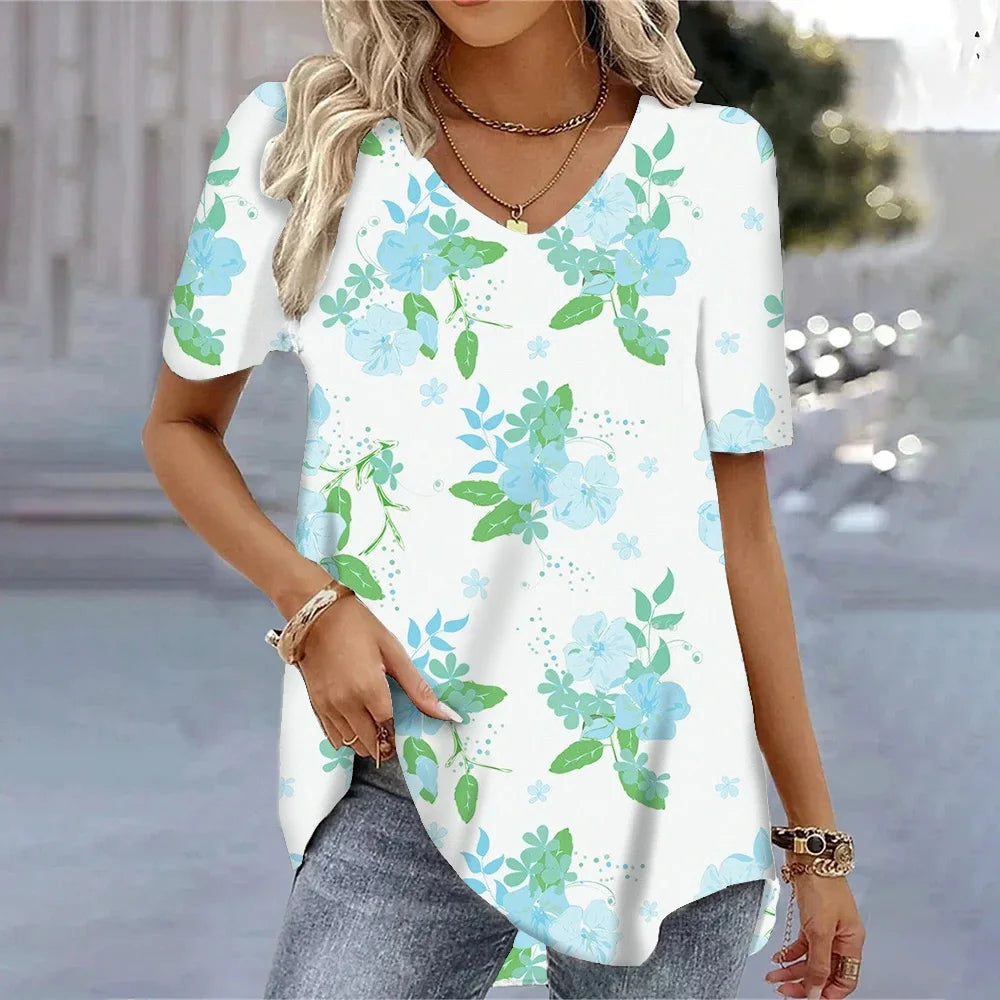 3D Floral Print T-Shirt - Women's Harajuku Casual Loose Fit Summer Crewneck Top