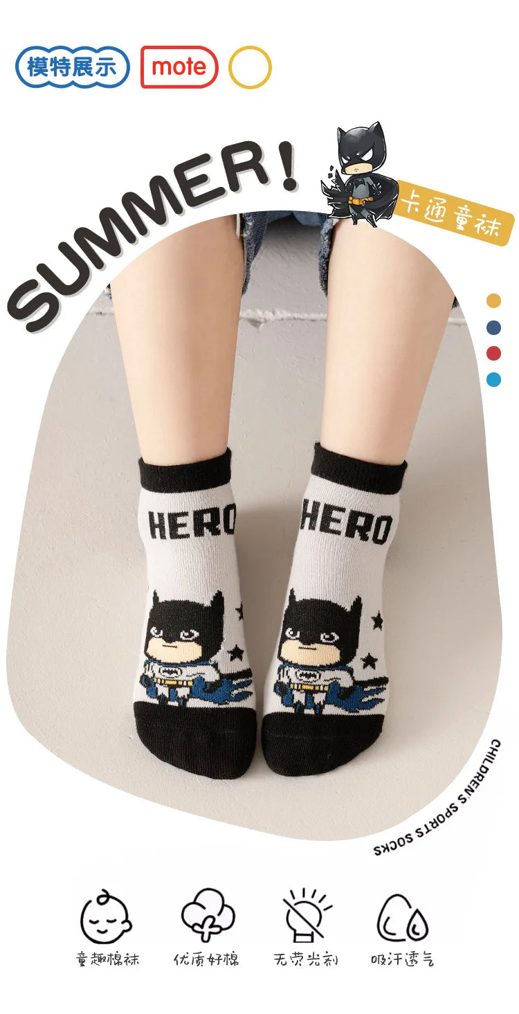5 Pairs Spiderman Cotton Socks for Kids – Iron Man, Hulk, Thor Anime Boys Short Socks, Cartoon Baby Spring & Summer Footwear