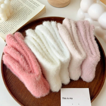 Thickened Pink Mink Fur Heart Embroidered Socks — Women’s Autumn Winter Warm Plush Mid-Tube Home Sleep Socks