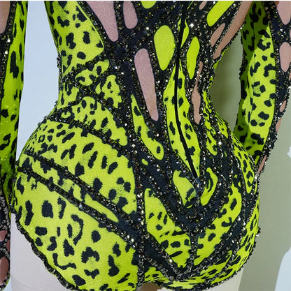Sexy Sparkly Green Rhinestone Bodysuit – Stage Dance Costume for Party, Bar Show, Drag Queen, Cosplay & Halloween