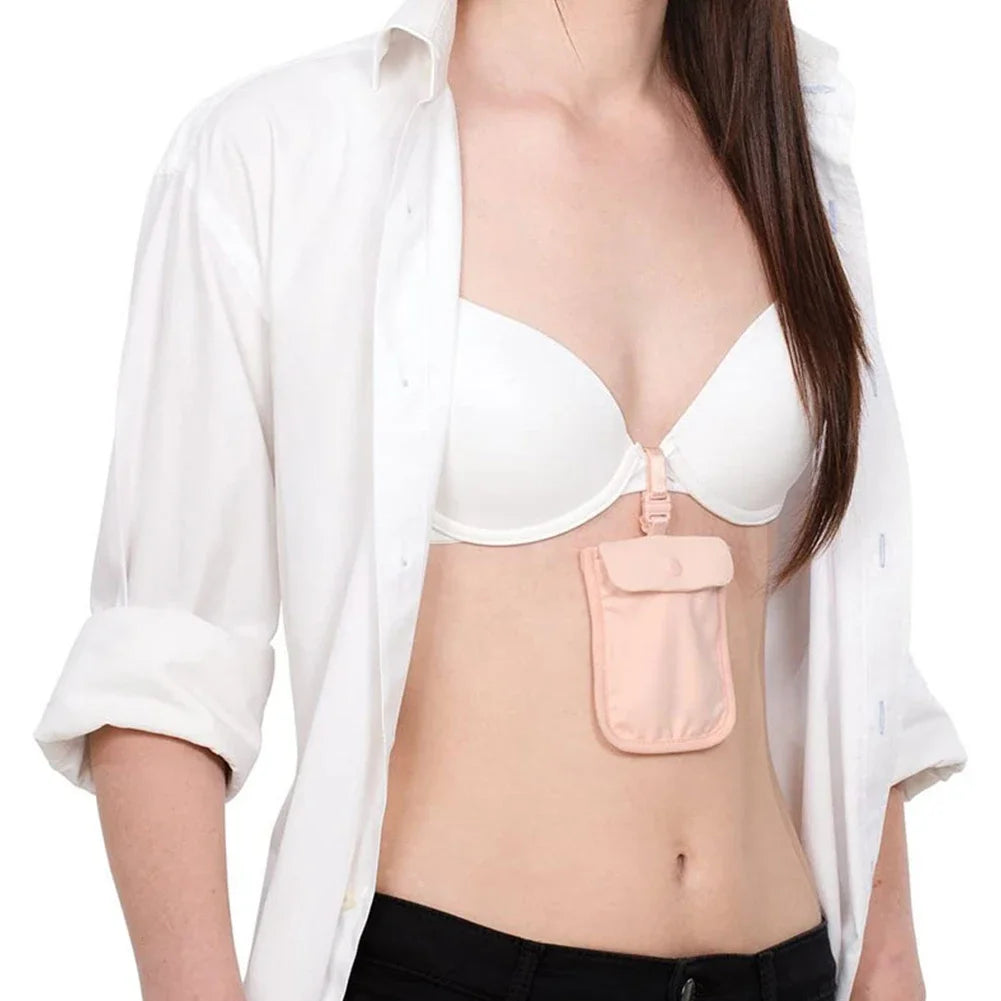 Women’s Hidden Bra Wallet – Solid Color Travel Money Belt Pouch with Flap Clasp Cotton Pocket