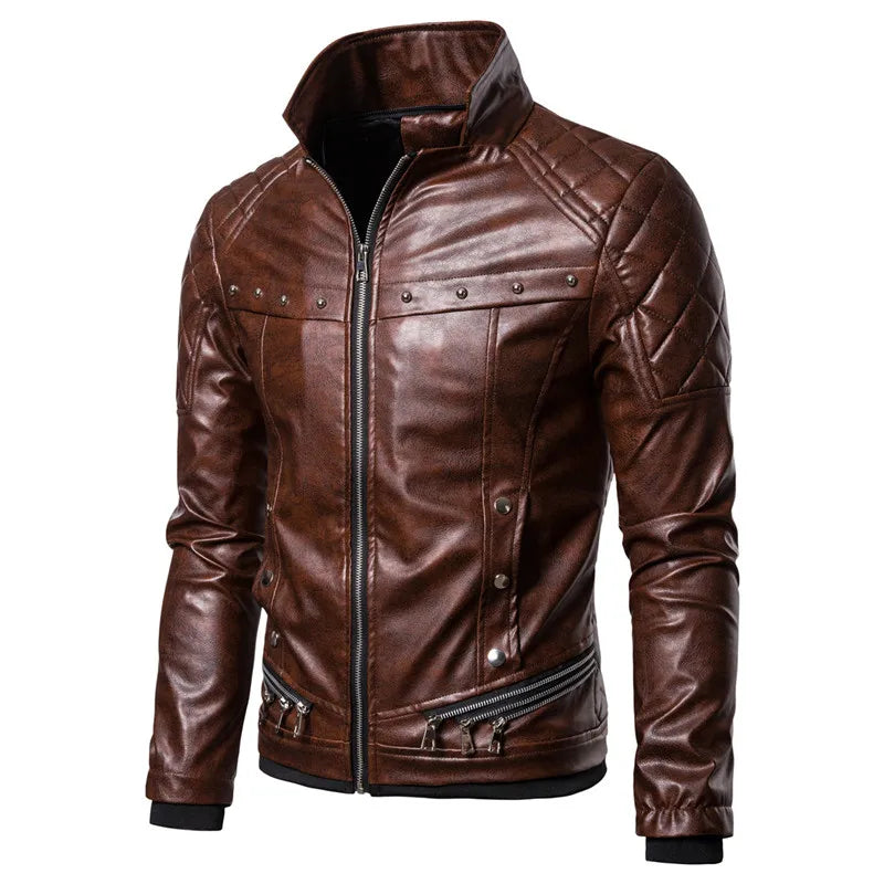 Men's Winter Fleece Motorcycle Jacket - Fur Collar Slim Fit Warm PU Leather Biker Bomber Coat