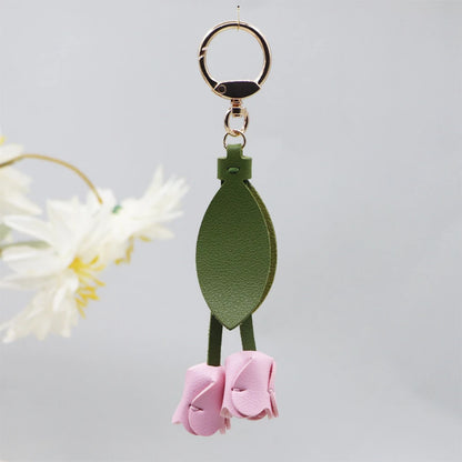Fashion Tulip PU Leather Bag Charm Keychain – Cute Flower & Leaf Pendant, Creative Handbag Decoration Gift for Family & Friends