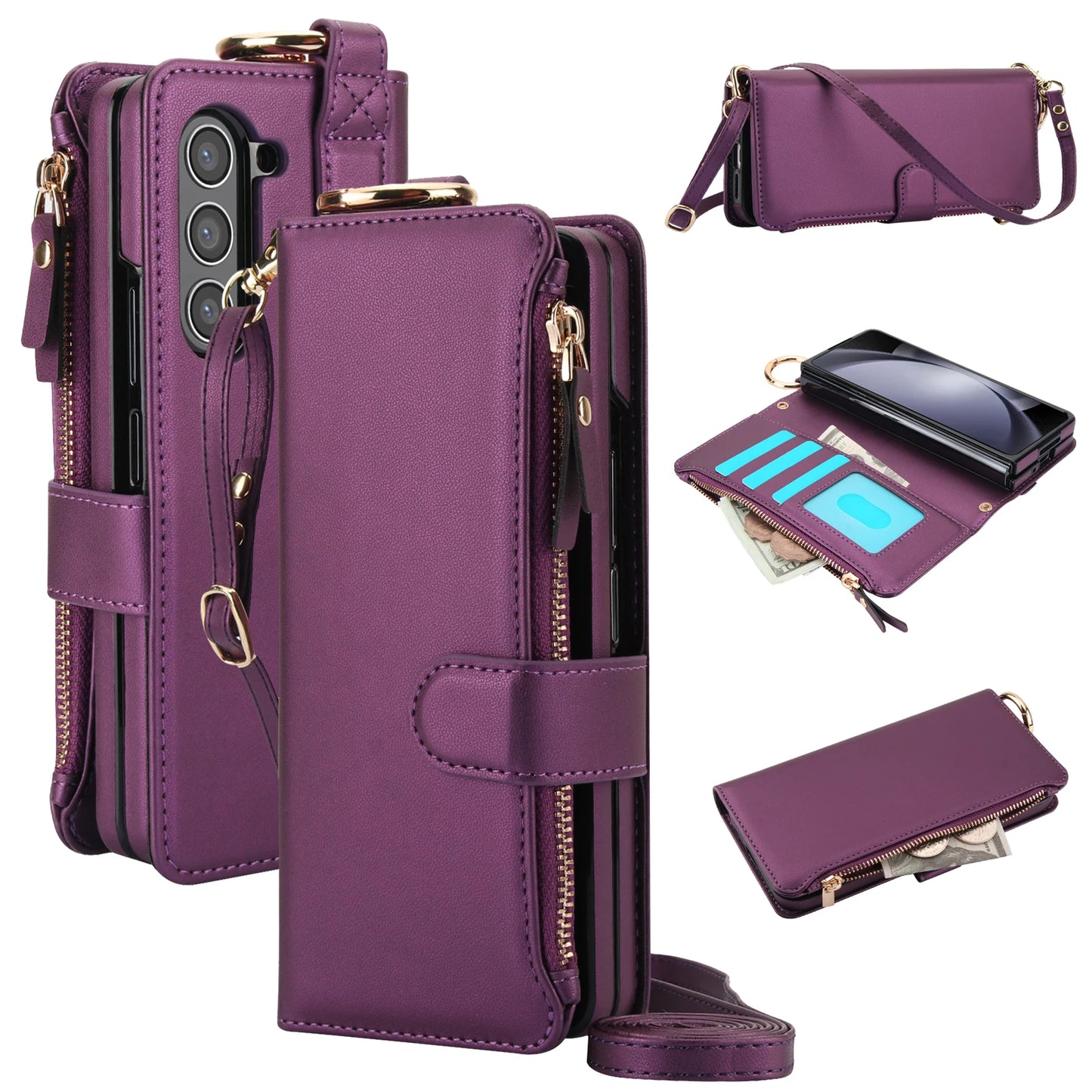 Crossbody Leather Wallet Case with Card Slots, Zipper & Kickstand for Samsung Galaxy Z Fold 3/4/5/6 – Wristband & Ring Holder