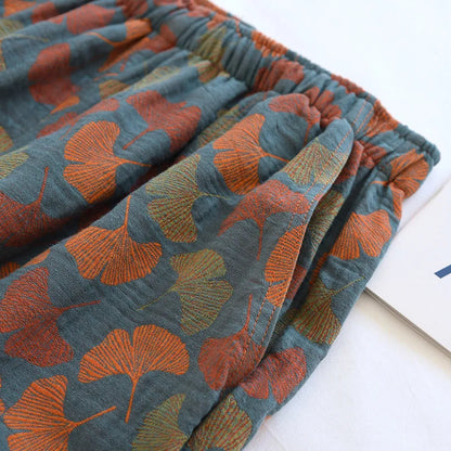2025 Spring Summer Women's Pajama Pants – 100% Cotton Crepe Loose Fit Leaf Print Home Wear Bottoms