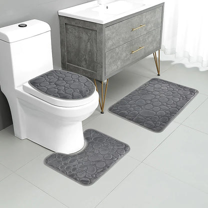 Solid Color Simple Bathroom Mat Set - Water-Absorbing, Non-Slip Stone Pattern, Comfortable & Soft (3PC)