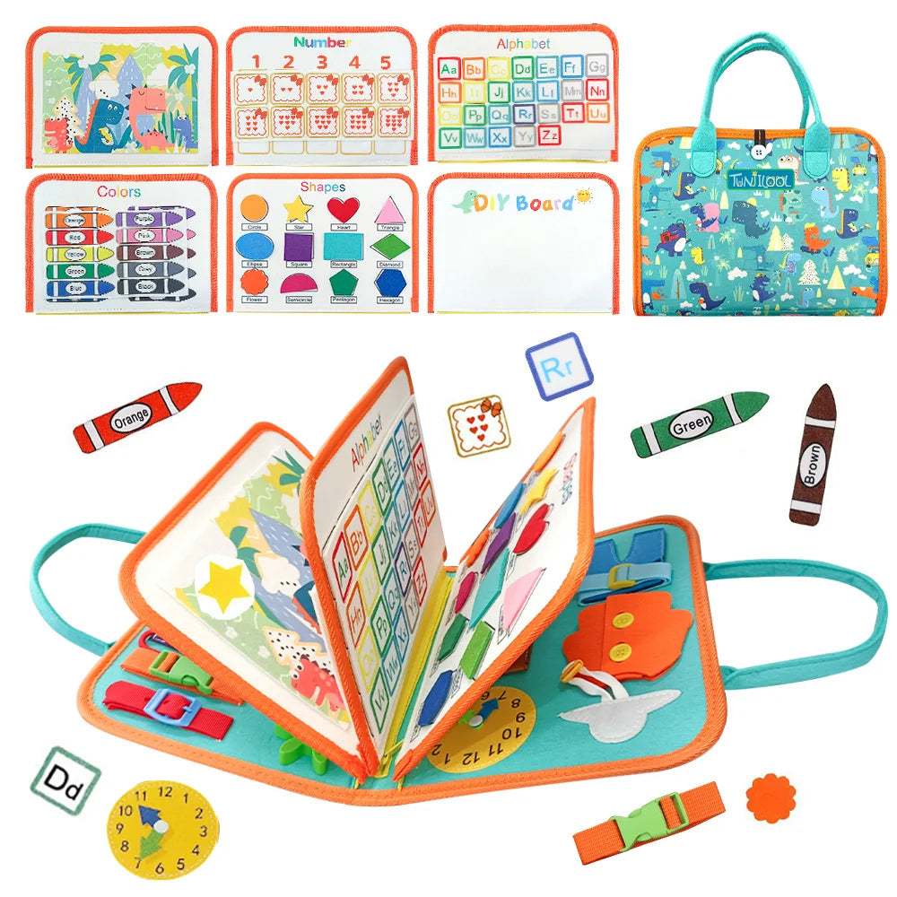 TUNJILOOL Montessori Busy Board – Early Educational Toy for Toddlers, Felt Cloth Story Book, 3D Shape & Color Match