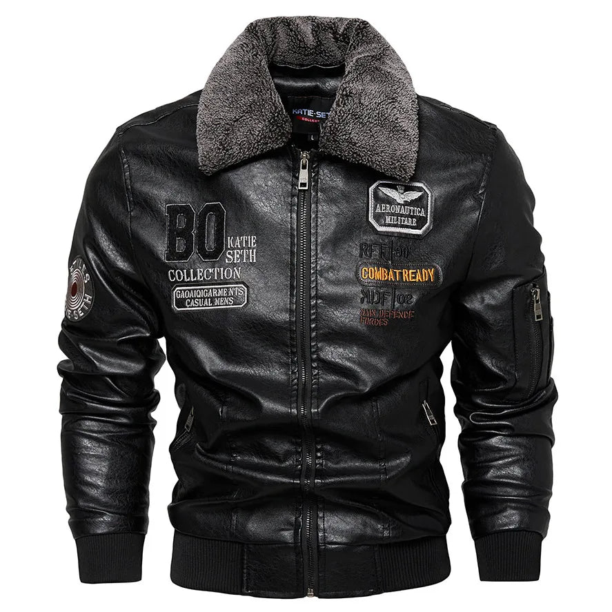 Men's Slim Fit Leather Bomber Jacket - Fur Collar Warm Flight Pilot Coat Black Outerwear